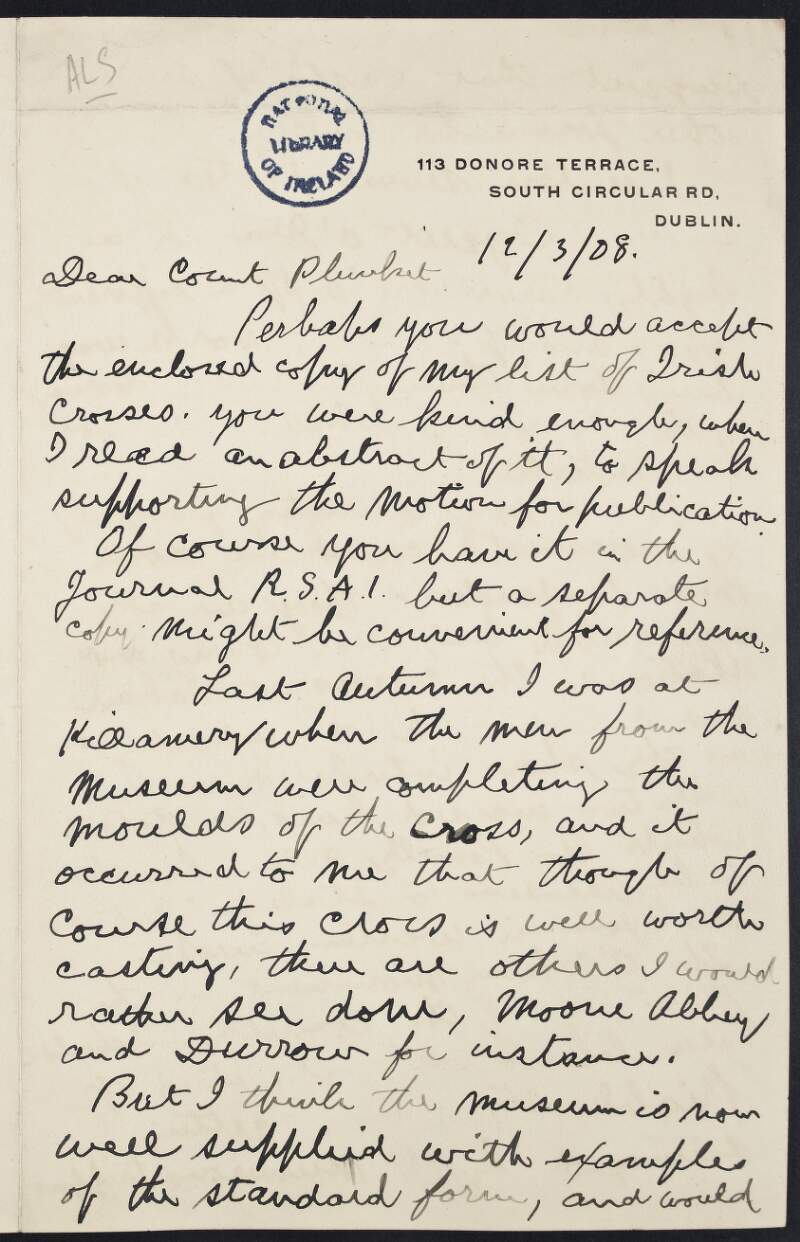 Letter from Henry S. Crawford to George Count Plunkett, regarding a list of Irish Crosses and mentions it is in the Journal of the Royal Society of Antiquaries of Ireland,