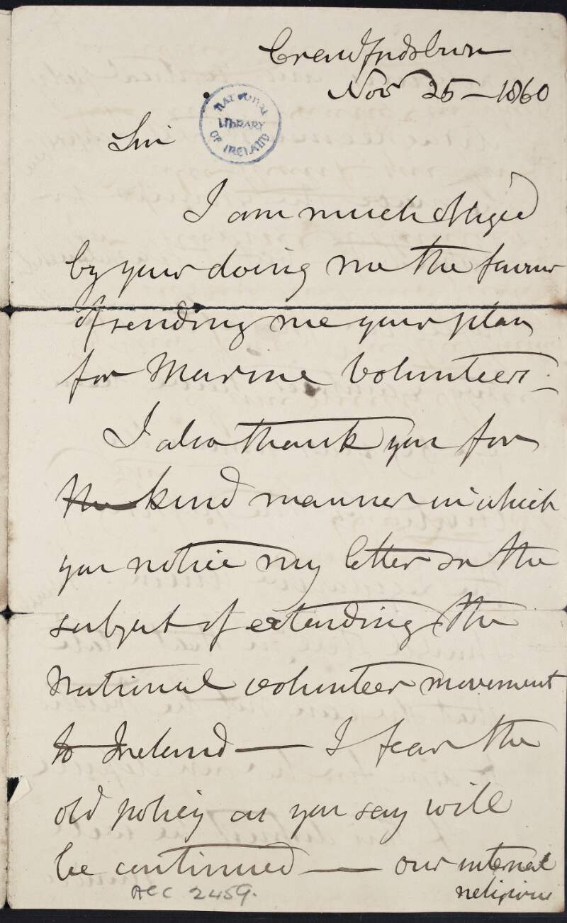 Letter from William Sharman Crawford to J.T. Lube, concerning agrarian reform, claiming "there must be something wrong with the Governmental laws",