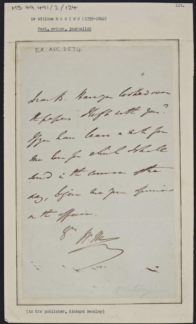 Letter from William Maginn to Richard Bentley, seeking Bentley's opinion on particular papers,