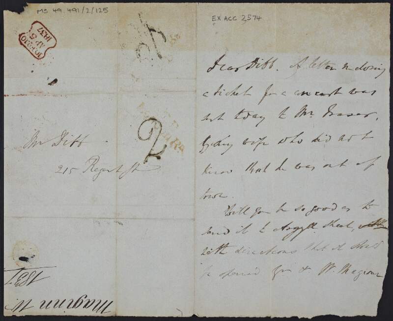 Letter from William Maginn to a Mr. Diff, concerning tickets to a concert,