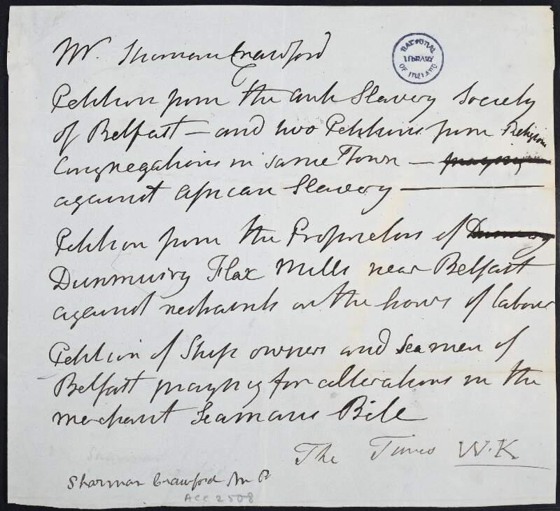 Letter from William Sherman Crawford to 'The Times', providing a list of petitions such as "a petition of ship owners and sea men of Belfast paying for alterations in the Merchant Seaman's Bill",