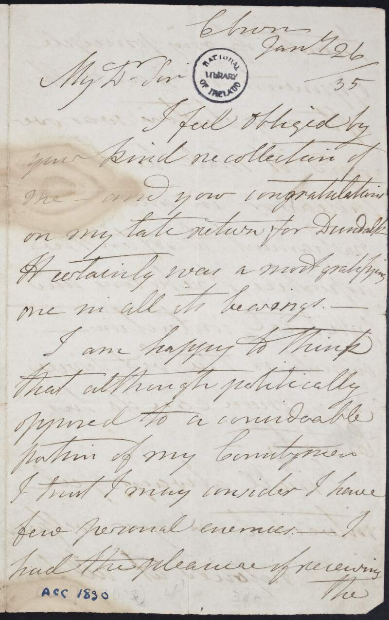 Letter from William Sharman Crawford to unknown recipient, concerning parliament and an election,