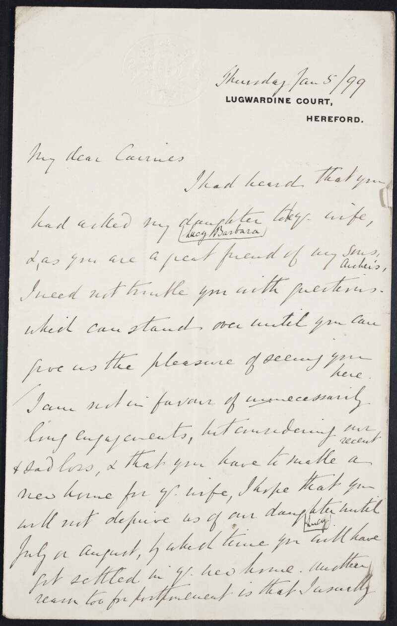 Letter from Herbert Croft to Frederick E. Cairnes, regarding his daughter Lucy's wedding and is arranging a time to meet,