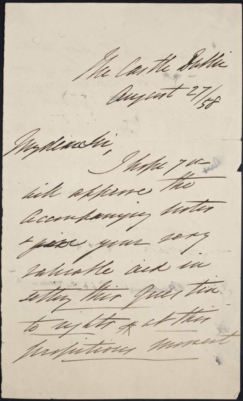 Letter from Walter Crofton to unknown recipient, settling a question,