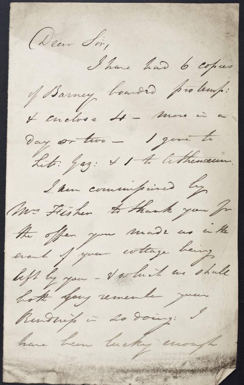 Letter from Robert Fisher to Thomas Crofton Croker, concerning copies of "Barney" and mentioning that he went to the 'Literary Gazette',