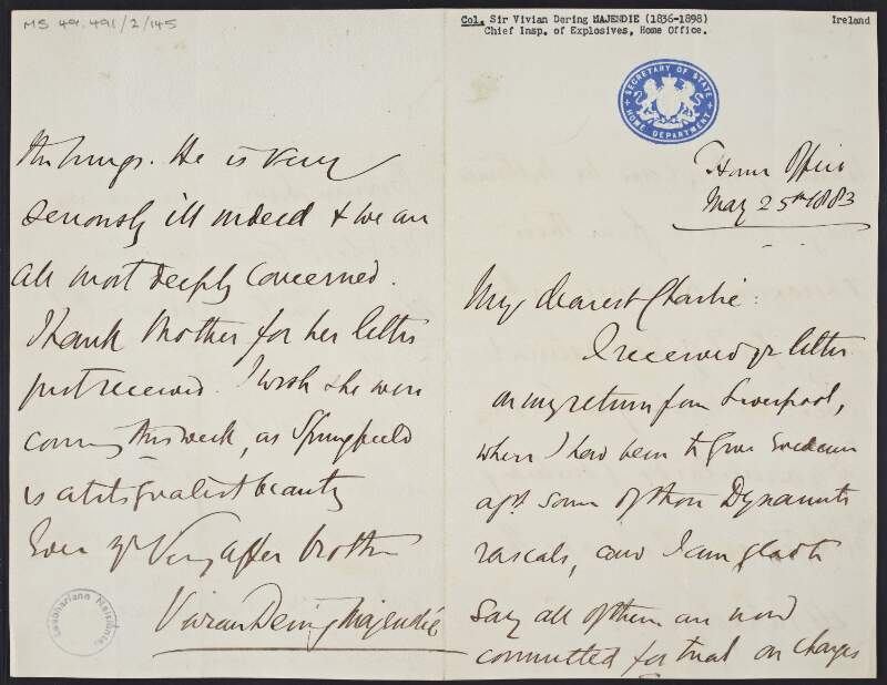 Letter from Sir Vivian Dering Majendie, Chief Inspector of Explosives, Home Office, to his brother "Charlie", regarding the trials of the Fenian "dynamiters",