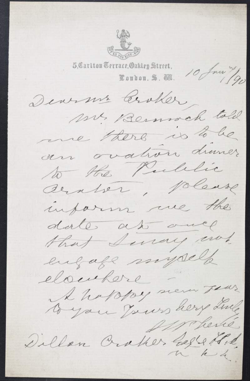 Letter from T. F. Dillon Croker to a "Mrs. Croker", inquiring about the details of a dinner,
