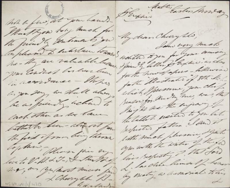 Letter from "Cheeryble" to "Cheeryble", regarding his amusing friend's letter,