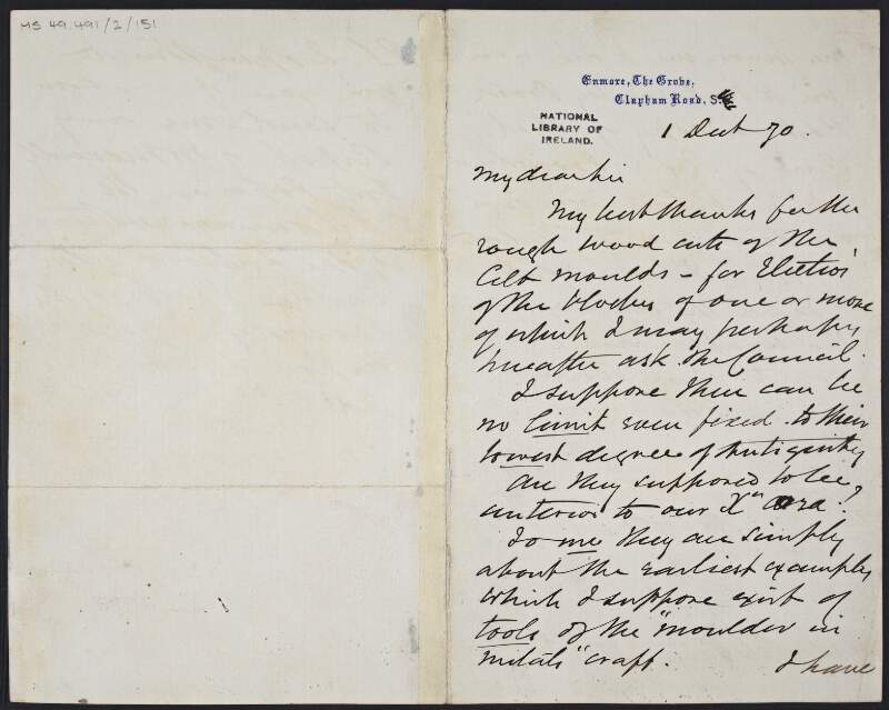 Letter from Robert Mallet to Edward Clibborn, Royal Irish Academy, thanking him for sending "rough wood cuts" and requesting a copy of part of the Royal Irish Academy's 'Proceedings',