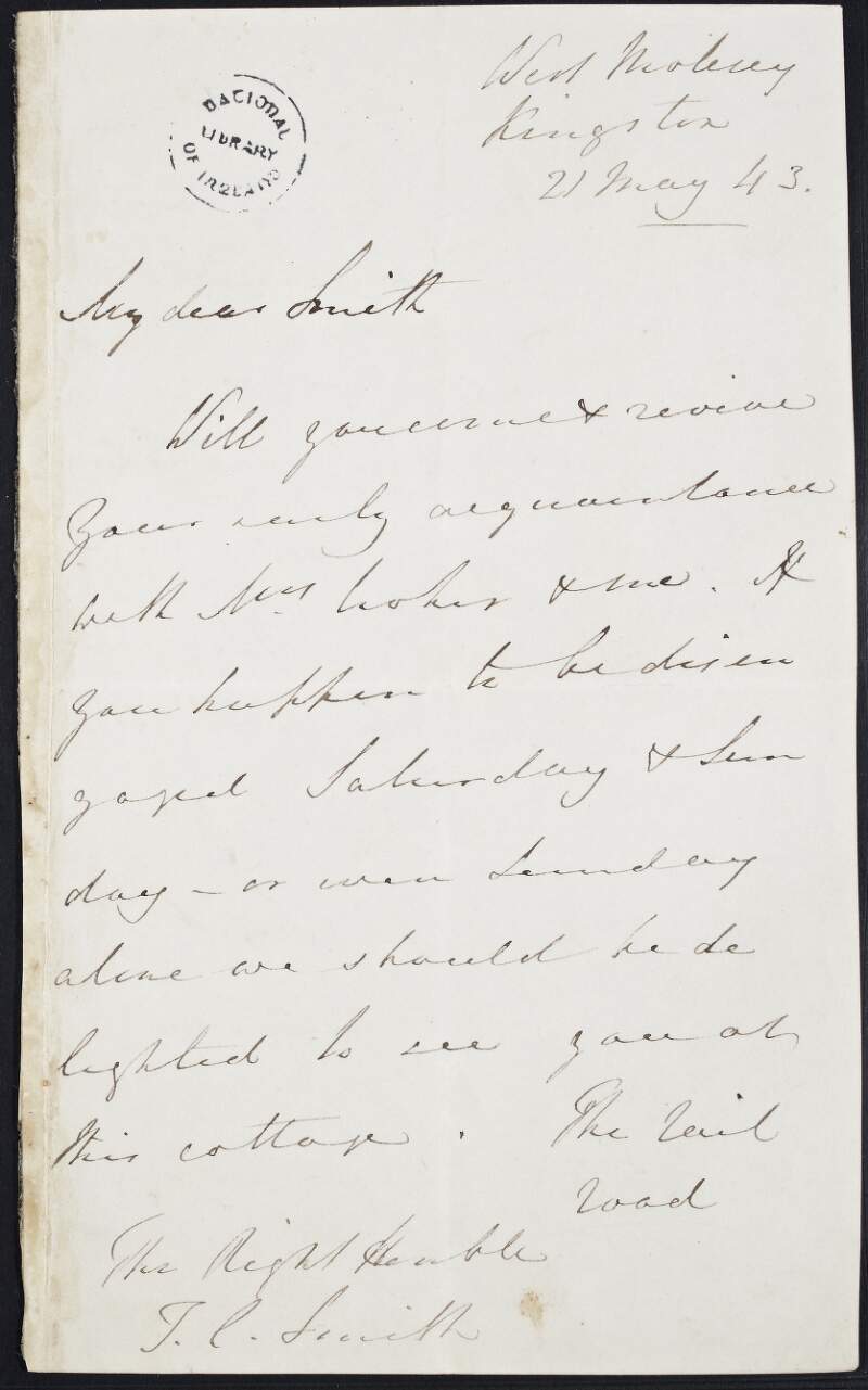 Letter from John Wilson Croker to T. C. Smith, arranging a day for Smith to come to the cottage and have an answer for him,