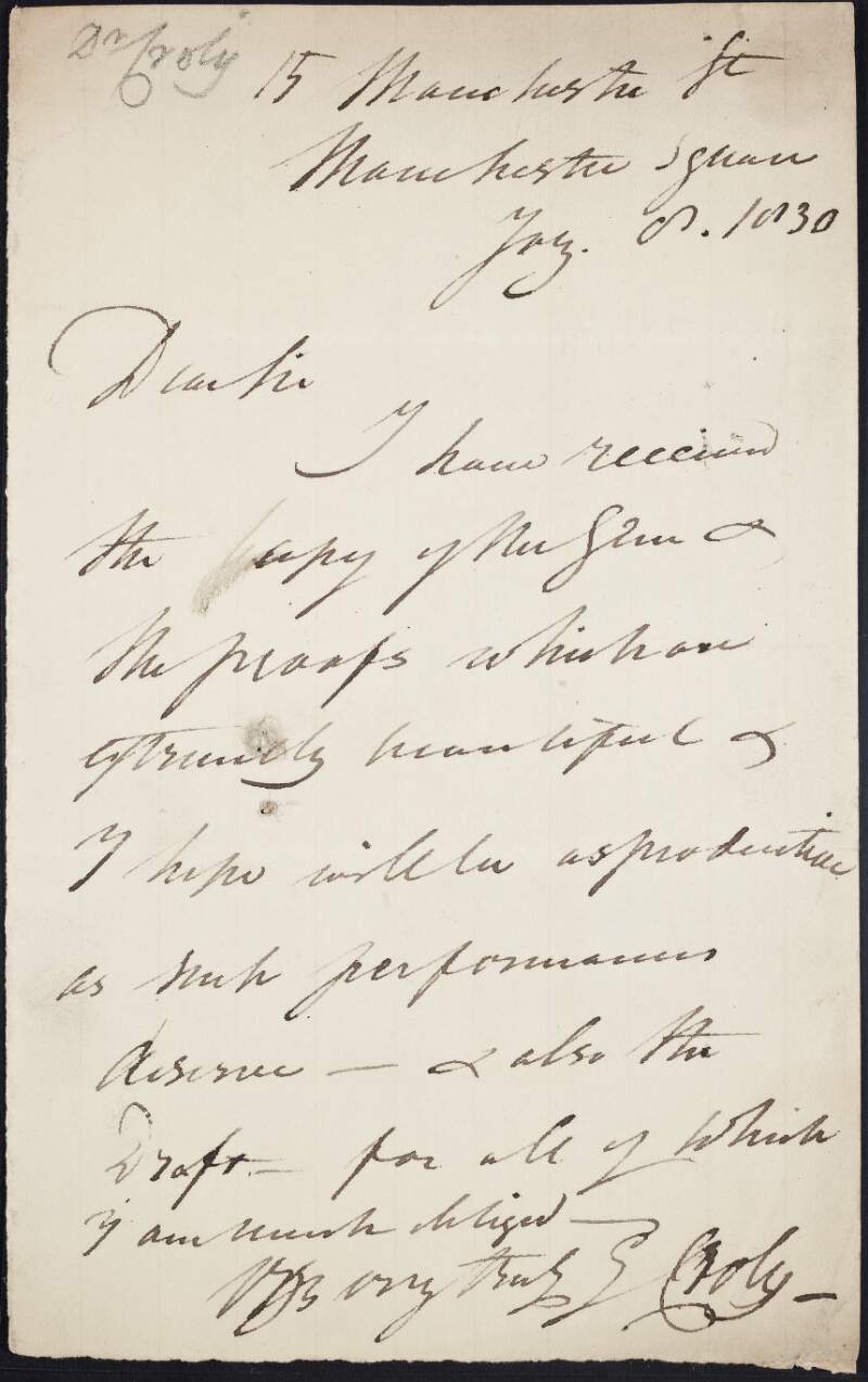 Letter from George Croly to unknown recipient, regarding proofs and a draft of some work,