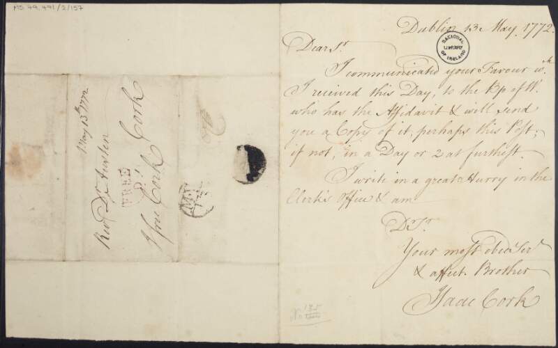 Letter from Isaac Mann, Bishop of Cork and Ross, to Rev. Dr. Austen, concerning a favour for Austen, which has been referred to the Bishop of Waterford,