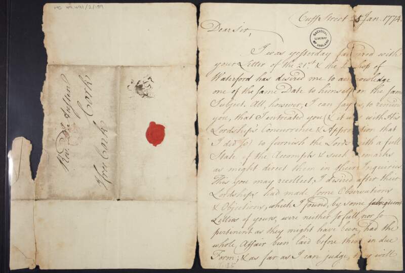 Letter from Isaac Mann, Bishop of Cork and Ross, to Rev. Dr. Austen, reminding Austen that he had requested him to provide the Lords Committee with information in order to assist their inquiries,