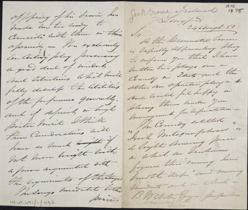 Letter from George Crowe to B. Webster, regarding a comedy play entitled 'Irish Metamorphoses',