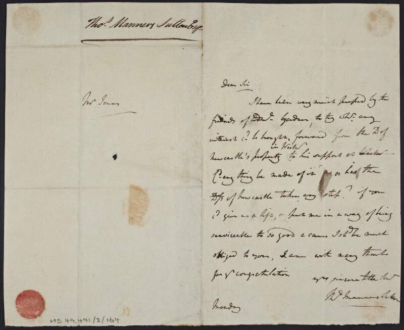Letter from Thomas Manners-Sutton to a Mr. Jones, requesting his assistance with a particular legal case,