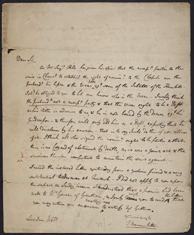 Letter from Thomas Manners-Sutton to Joseph Hill, concerning his opinion on a legal case,