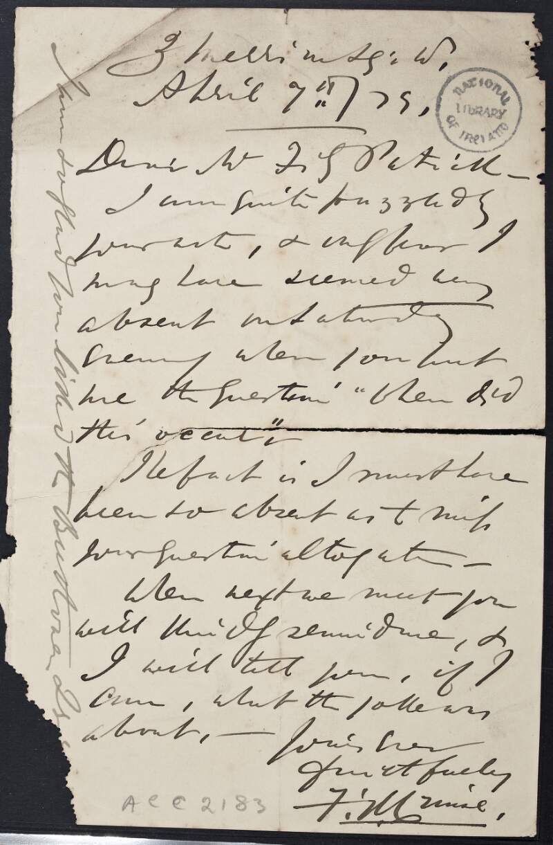 Letter from Francis Richard Cruise to W. J. Fitzpatrick, stating that he will explain the joke next time they meet,