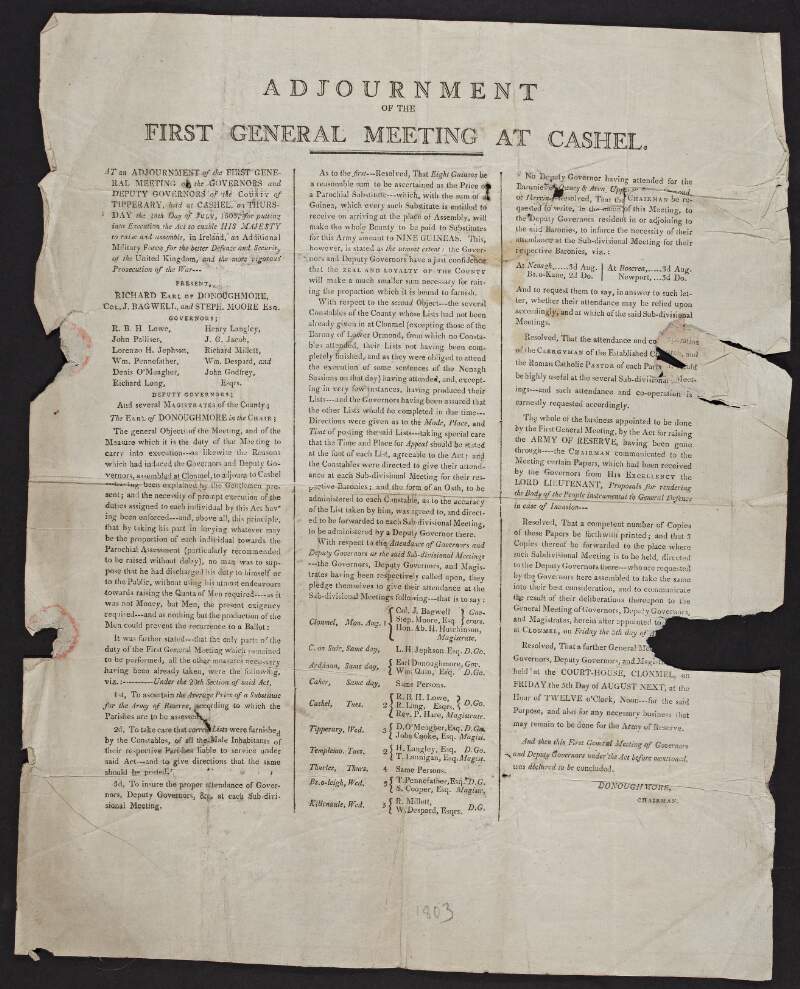 Adjournment of the first general meeting at Cashel [of the governors and deputy governors of Tipperary, held on Thursday 28 July, 1803].