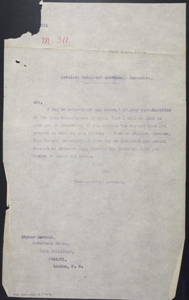 Copy letter from the Congested Districts Board to Guglielmo Marconi, responding to his letter and arranging an interview,