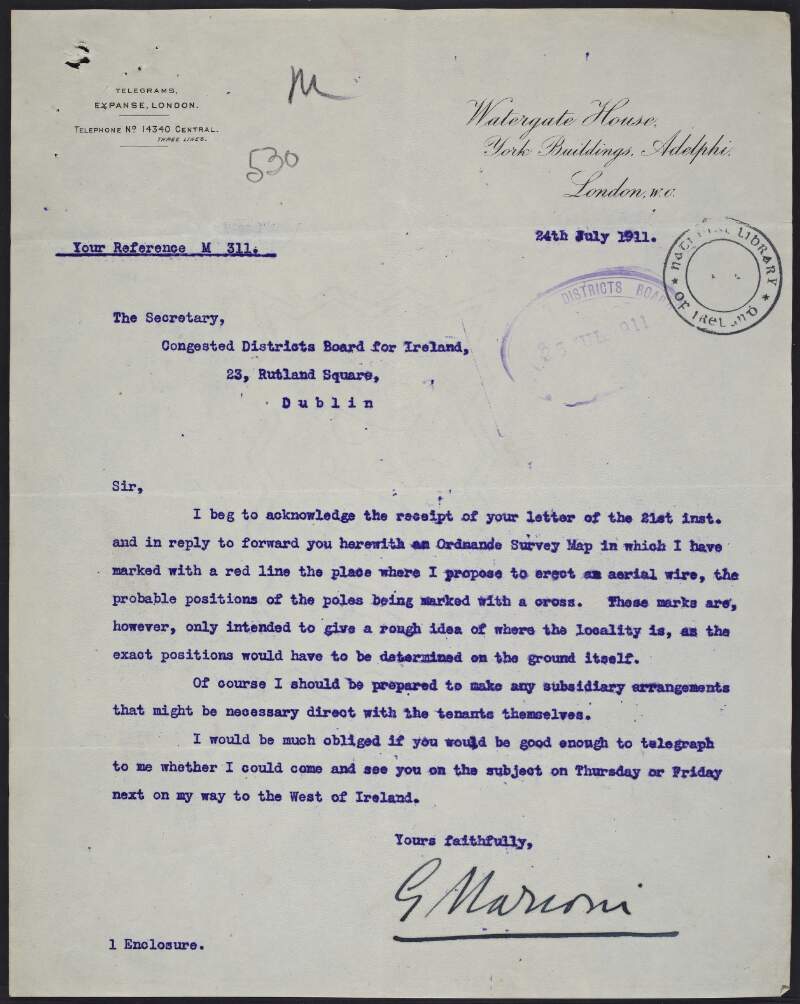 Letter from Guglielmo Marconi to the Congested Districts Board, enclosing an Ordnance Survey Map of Killary Harbour in which he states he has "marked with a red line the place where I propose to errect an aerial wire",
