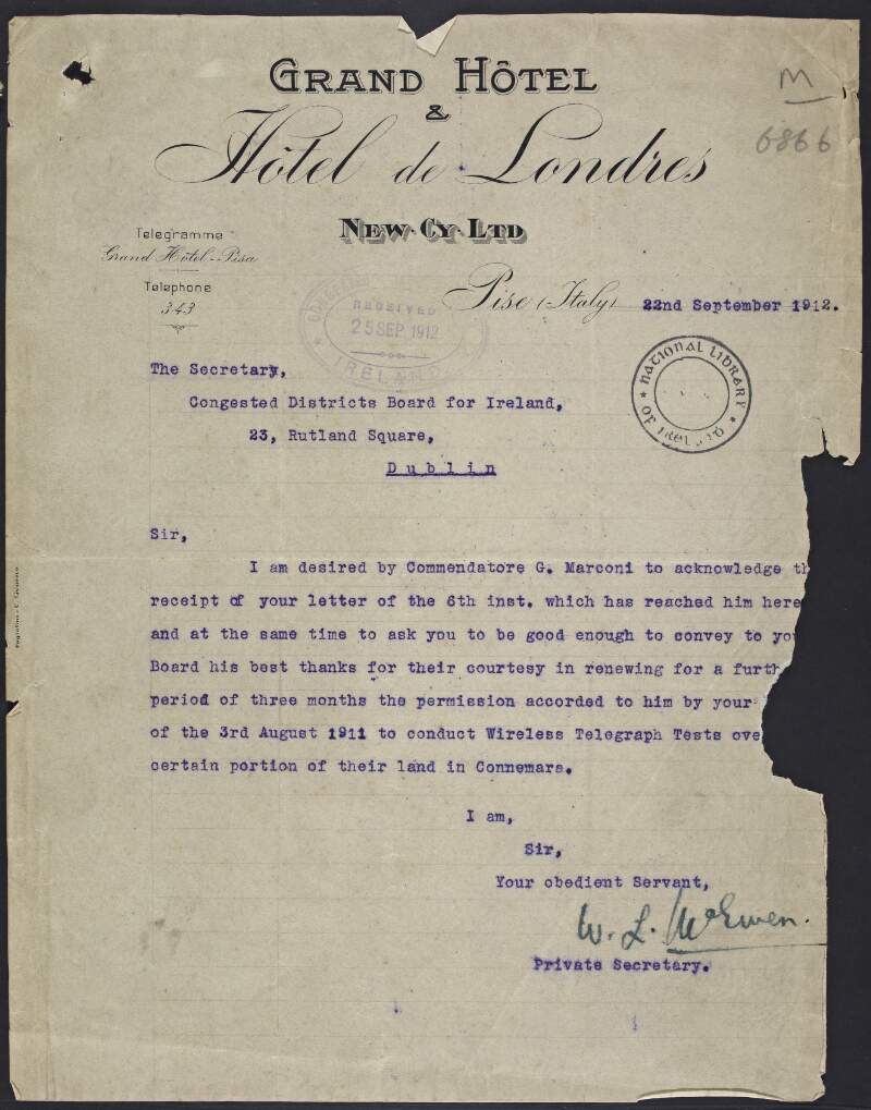 Letter from W.L. McEwan, private secretary of Guglielmo Marconi, to the Congested Districts Board, thanking the board for renewing permission to Marconi to conduct wireless telegraph tests on part of their land in Connemara,