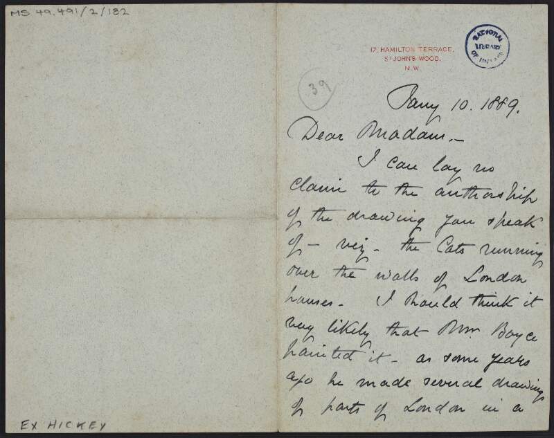 Letter from Henry Stacy Marks to unknown recipient, stating that he cannot claim authorship of a particular drawing referred to by the recipient, which he thinks was painted by George Price Boyce,