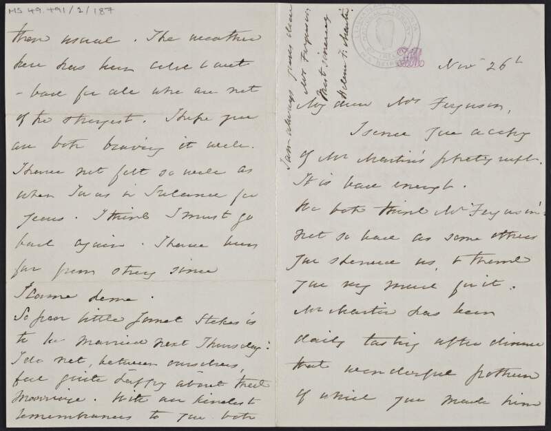 Letter from Helena Saville Faucit Martin to Mary Catharine Guinness Ferguson, concerning Theodore Martin's poetry and various personal matters,