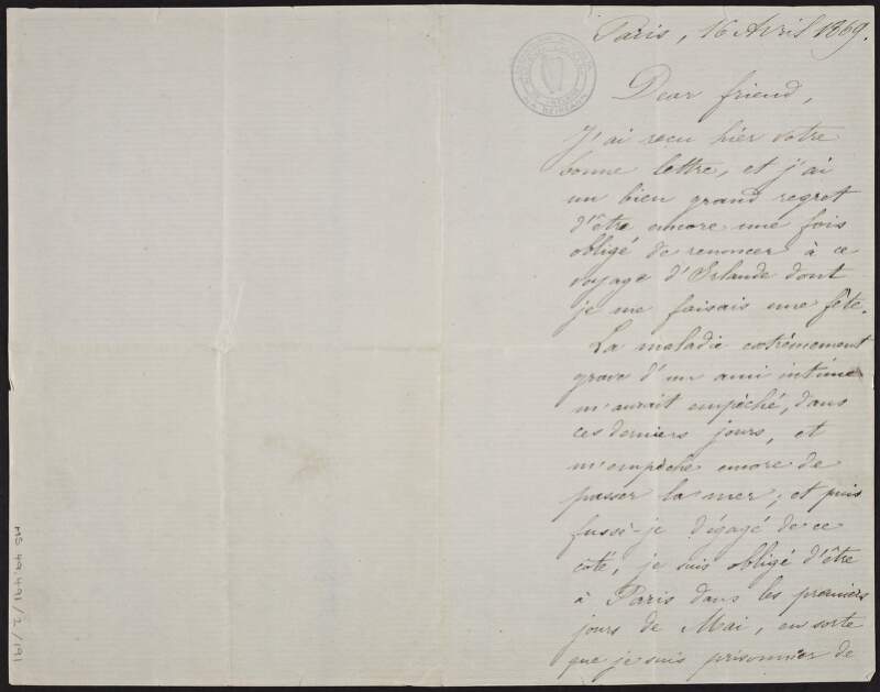 Letter from Henri Martin to Samuel Ferguson, stating his regrets that he could not come to Ireland due to illness and that he hopes to see Ferguson in September,