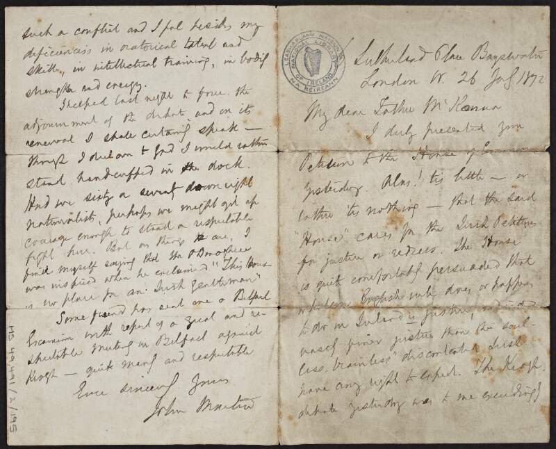 Letter from John Martin to a Father McKenna, concerning a petition presented by Martin to the House of Commons,