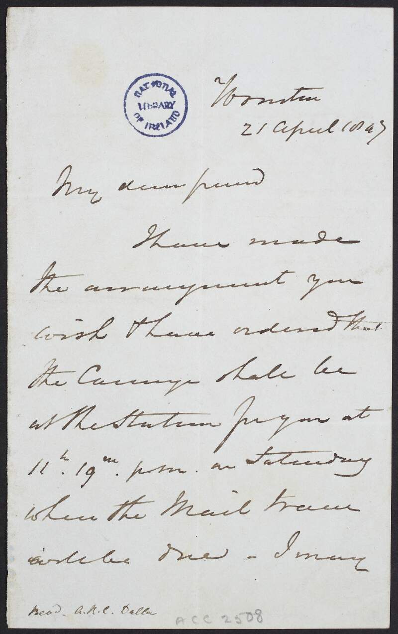 Letter from Rev. Alexander Robert Charles Dallas to a "dear friend", regarding an arrangement and refers to the "mail train",