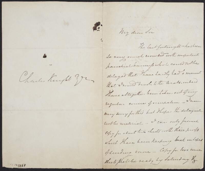 Letter from Rev. Alexander Robert Charles Dallas to Charles Knight, regarding the proofs and refers to a second book,