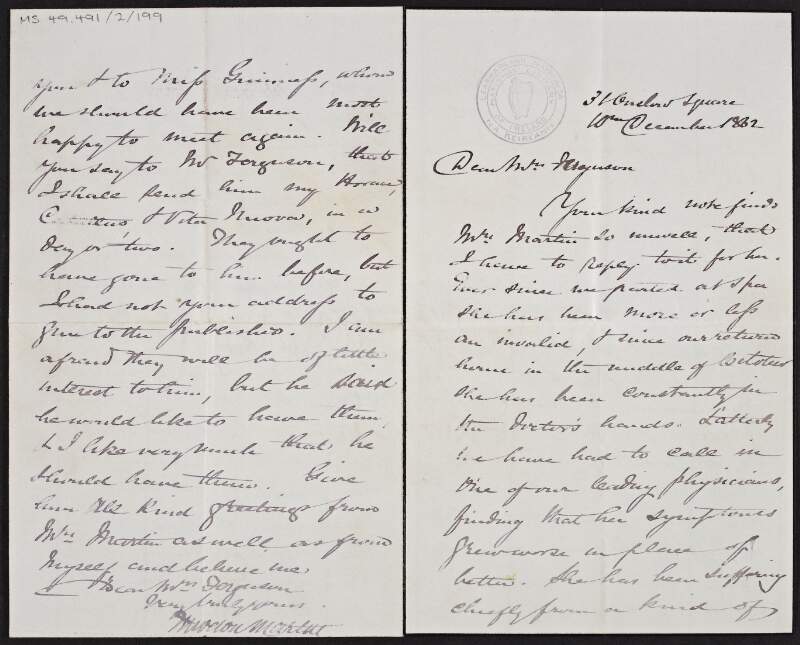 Letter from Sir Martin Theodore to Mary Catharine Guinness Ferguson, concerning his wife's ill health and their regret in declining an invitation for Christmas from Ferguson,