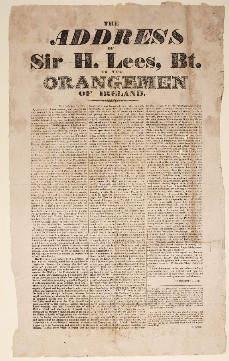 The address of Sir H. Lees Bt. to the Orangemen of Ireland /