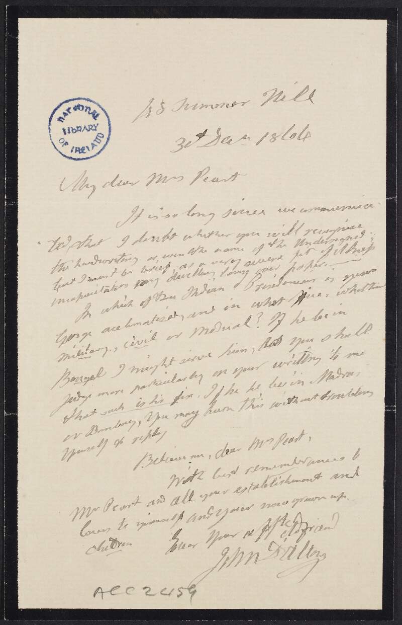 Letter from John D'Alton to Mrs. Peart, describing his work,