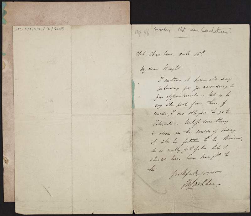 Letter from J. [Mashton?] to "Wright", concerning a review of a publication by William Carleton,