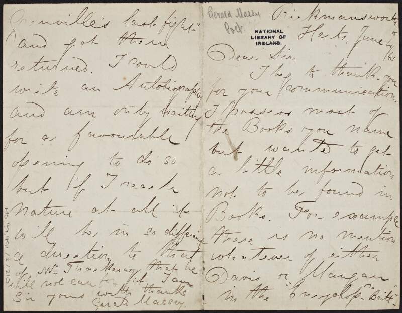 Letter from Gerald Massey to unknown recipient, regarding his research on various poets and the submission of his work to William Makepeace Thackeray for inclusion in the 'Cornhill Magazine',