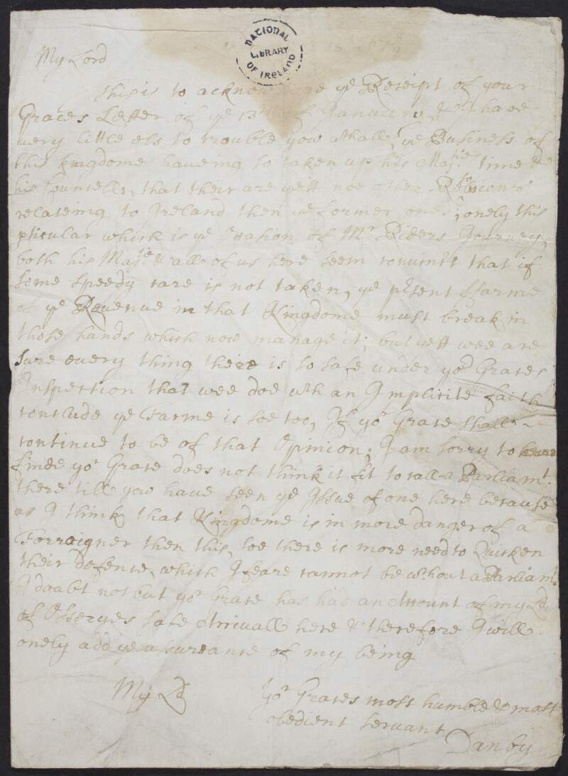 Letter from Lord Danby [Thomas Osborne, Duke of Leeds] to James Butler, Duke of Ormonde discussing political affairs,