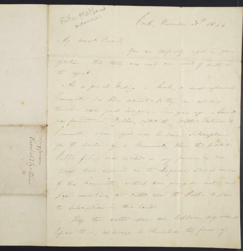 Letter from Theobald Mathew to a Dr. Beaumont, concerning the lack of cooperation between two committee's established in Mathew's name, in Cork and Dublin,
