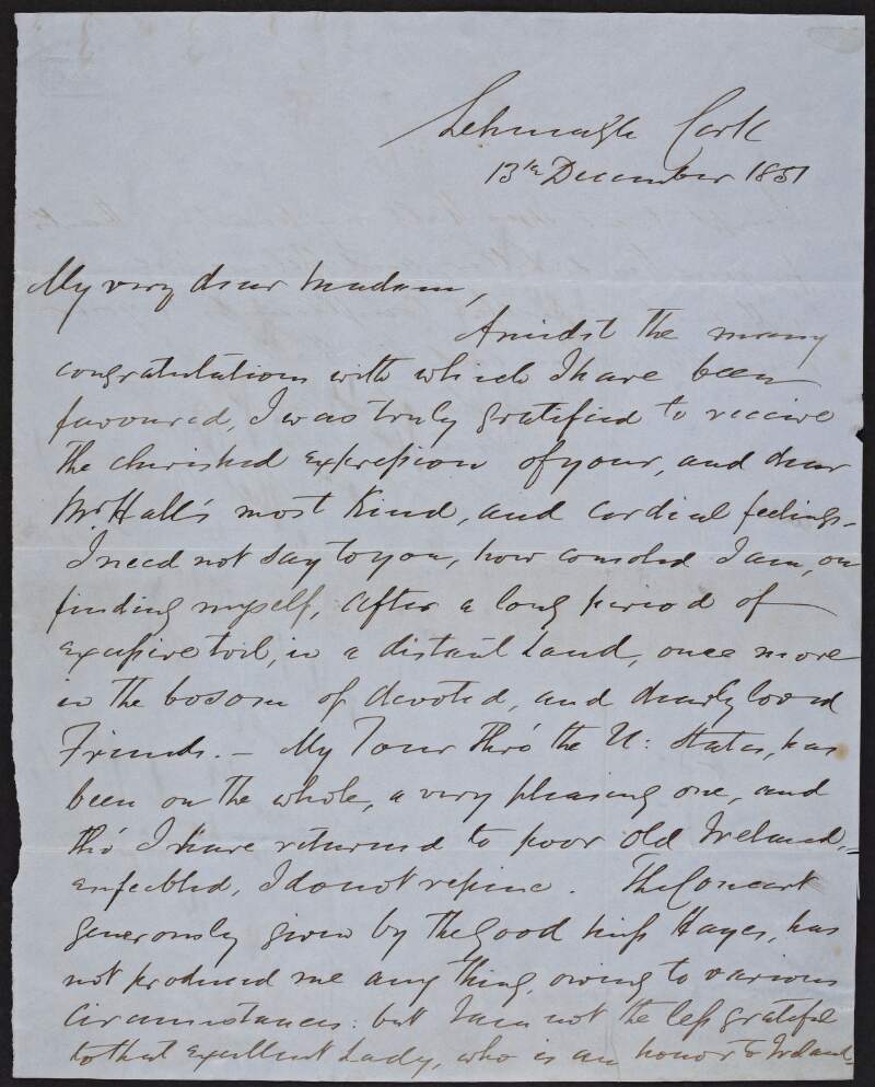Letter from Theobald Mathew to a Mrs. Hall, thanking her for her letter and mentioning his tour of the United States of America,