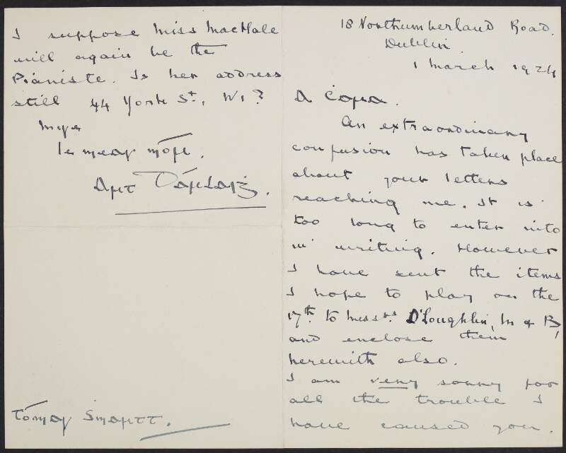 Letter from Arthur Warren Darley to Tómas Smartt concerning items he hopes to play for an event on the 17th,