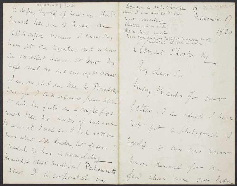Letter from Arthur Irwin Dasent to Clement [King] Shorter discussing a publication with regard to the illustrations, mistakes and photographs,