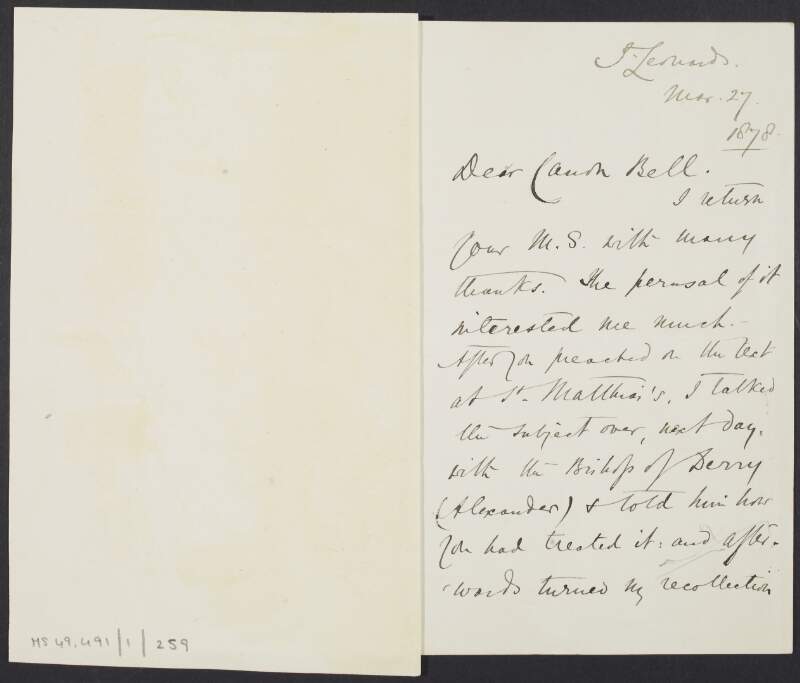 Letter from Achilles Daunt to Cannon Bell regarding a lecture at "St. Matthias",