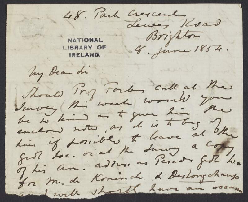 Letter from Thomas Davidson to unknown recipient, asking for an enclosed note to be passed on to Professor Forbes and referring to a survey,