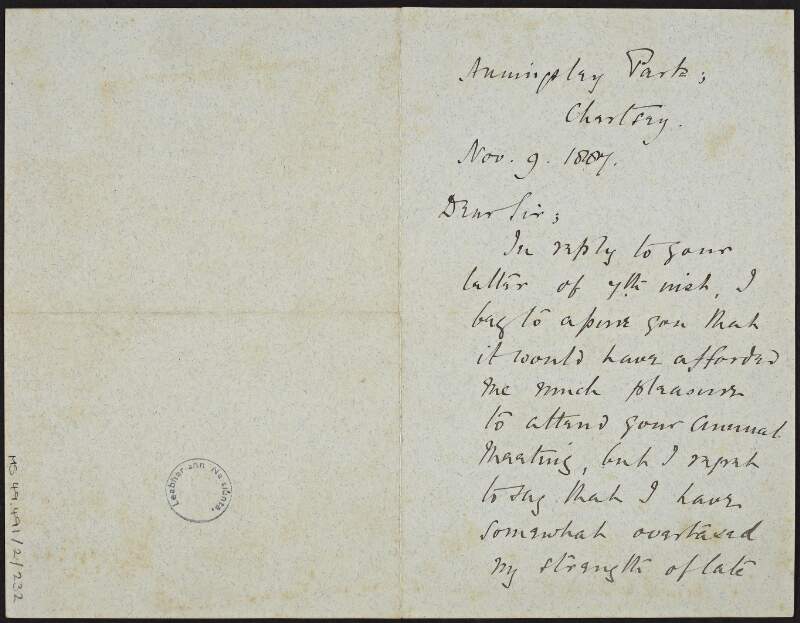 Letter from Reginald Brabazon, Earl of Meath, to W.J. Stewart, Chairman of the Liverpool [Kysle?] Society, stating his regret that he is unable to attend the society's annual meeting,