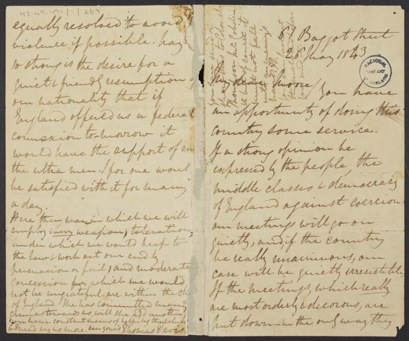 Letter from Thomas Davis to a "dear Moore" upon the subject of gaining Irish Independence from England and refers to the Irish Rebellion of 1798,
