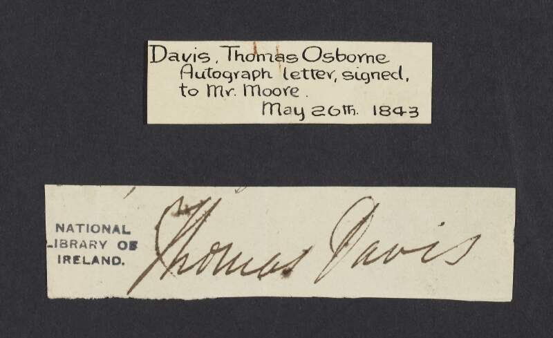 Letter from Thomas Osborne Davis to unknown recipient,