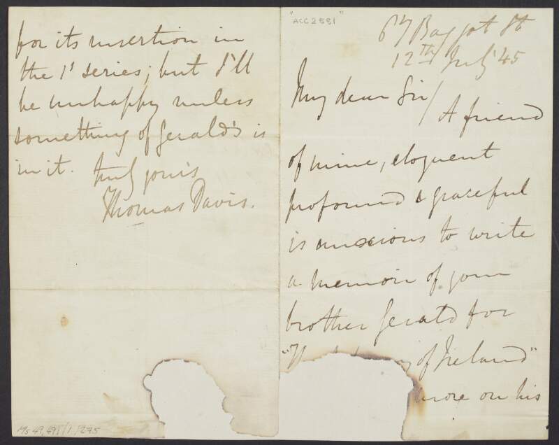 Letter from Thomas Osborne Davis to unknown recipient, recommending his friend to write a memoir of his brother "Gerald",