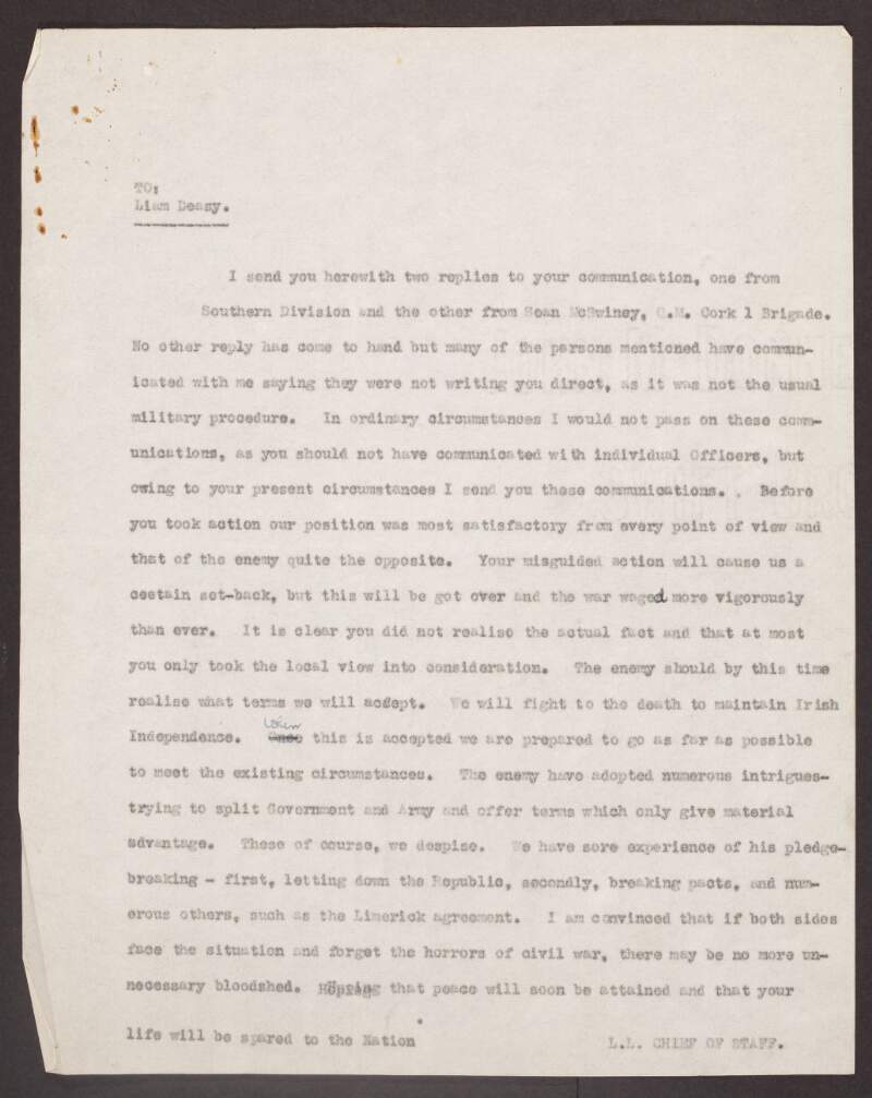 Draft letter from Liam Lynch, Chief of Staff, IRA, to Liam Deasy, criticising him for his "misguided action" in attempting to secure peace and end the Civil War,