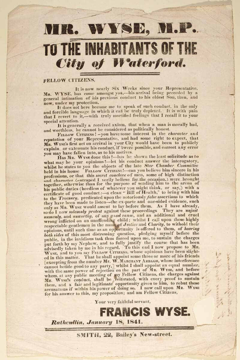 Mr. Wyse, M.P. to the inhabitants of the city of Waterford /