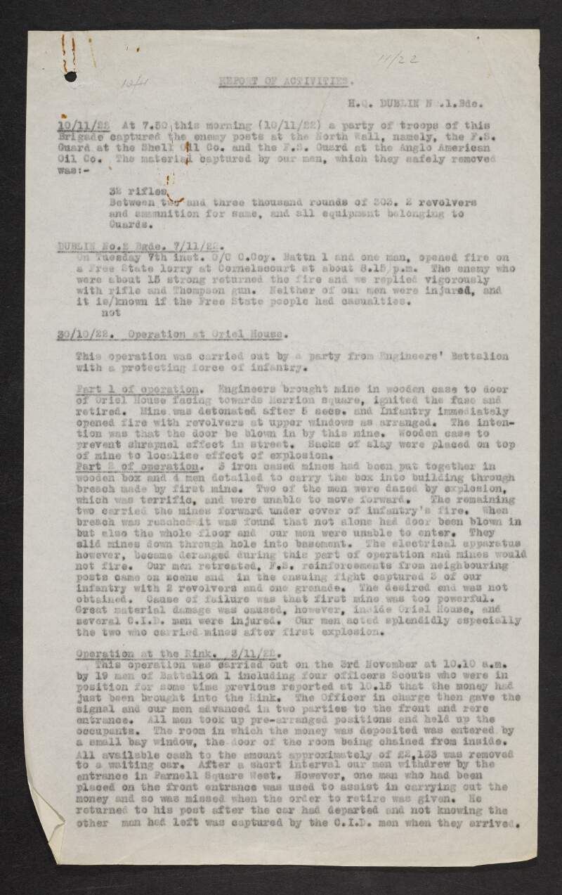 Document "Report of Activities" regarding operations carried out by the IRA in Dublin,